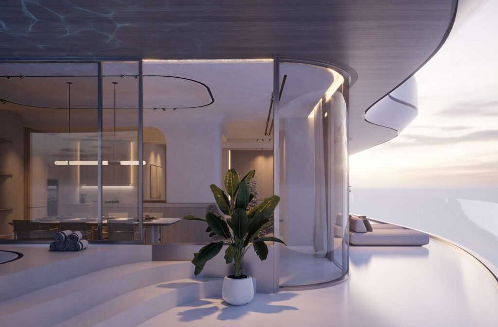 Rooftop terrace lounge area at Flow25 Reem Island with modern architecture