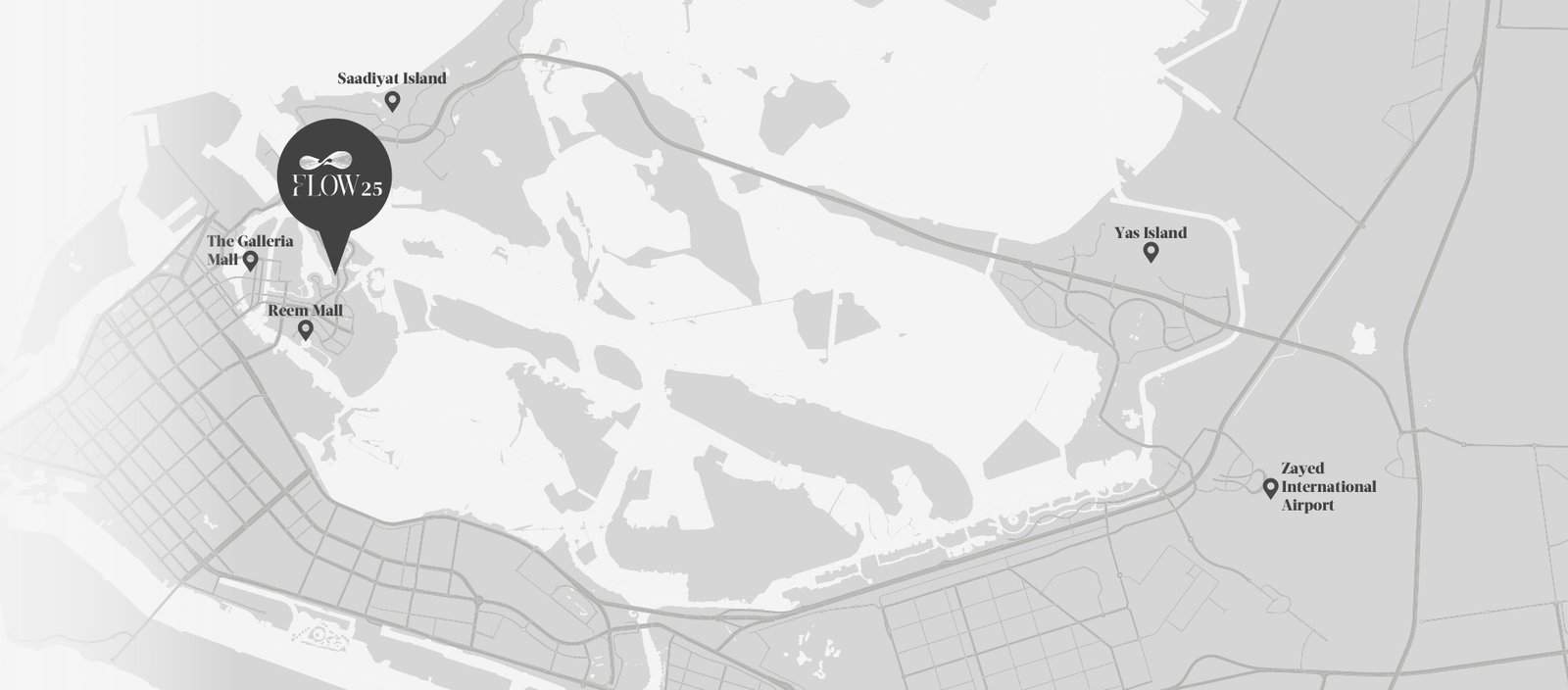 Flow25 Abu Dhabi location map showing connectivity and nearby destinations