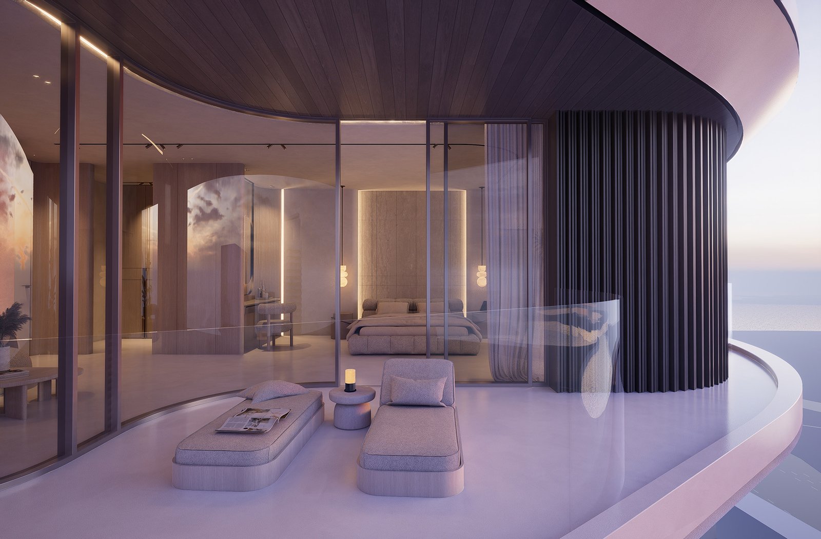 Modern outdoor lounge terrace with lighting at Flow25 Al Reem Island